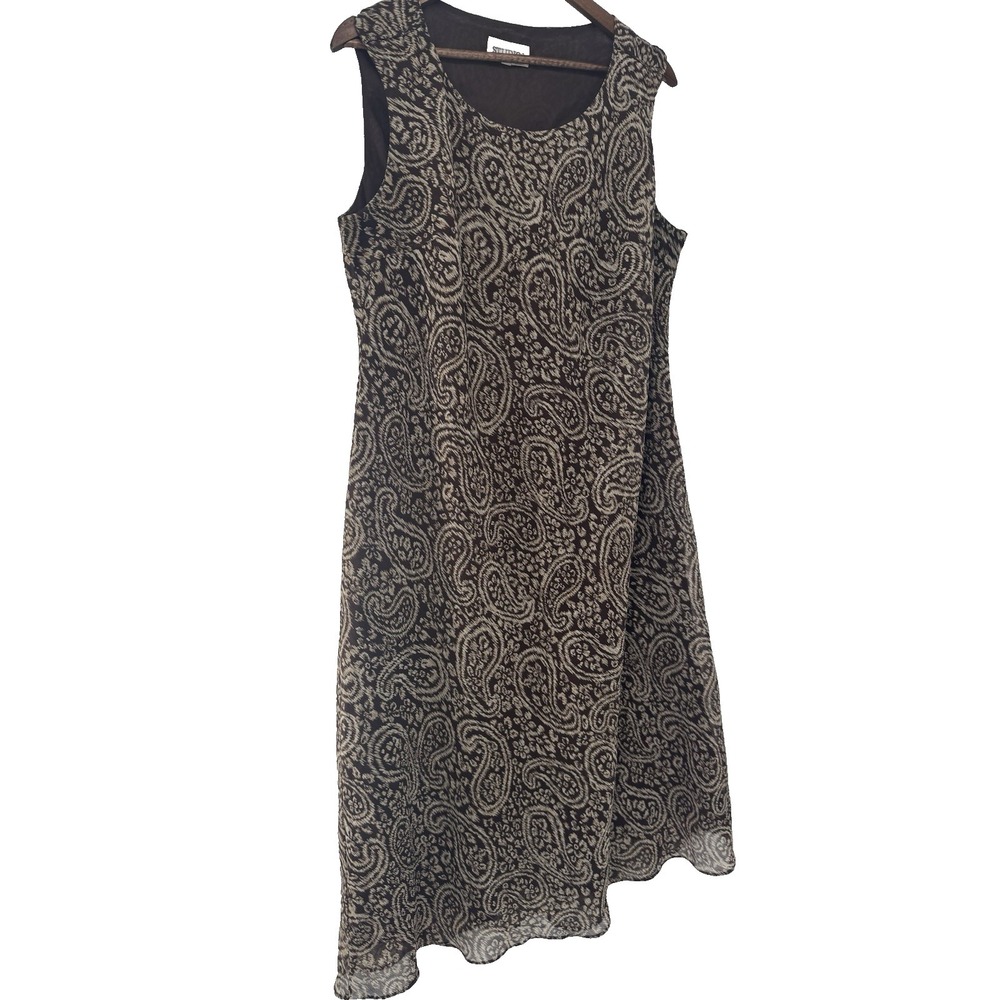 Brown Paisley Sleeveless Long Swing Dress 22W Sheer‎ Cottage Country Mature plus